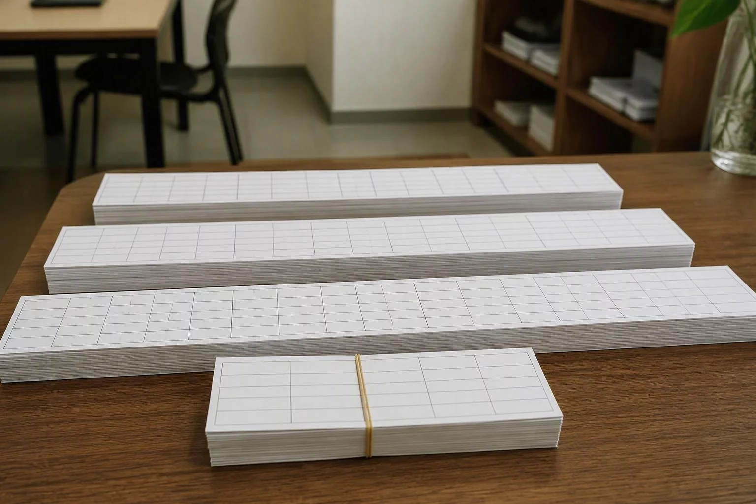 Fichas de ponto de venda organizadas por rota sobre a mesa