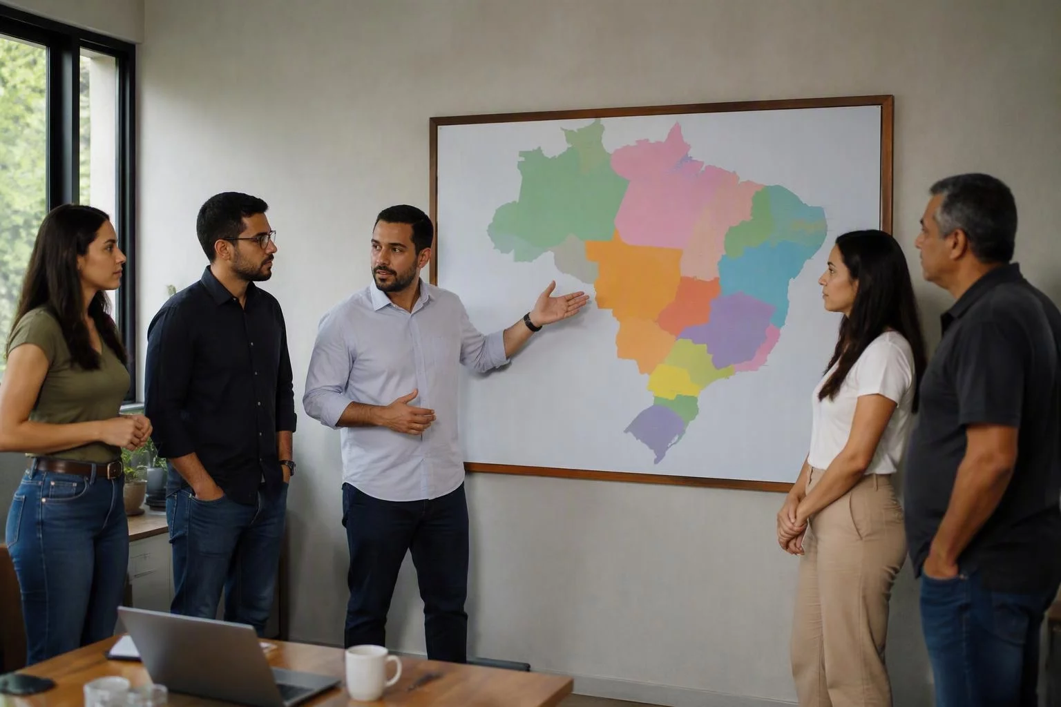 Equipe reunida em pé diante do quadro de territórios