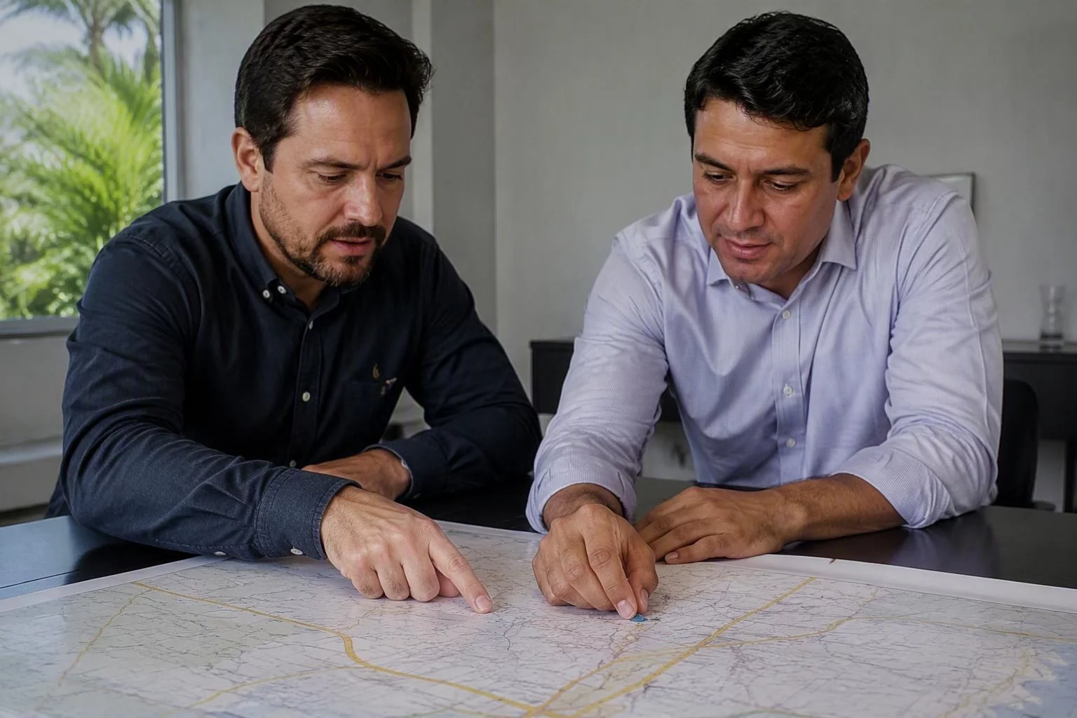 Representante e consultor conferindo a rota do mês sobre o mapa