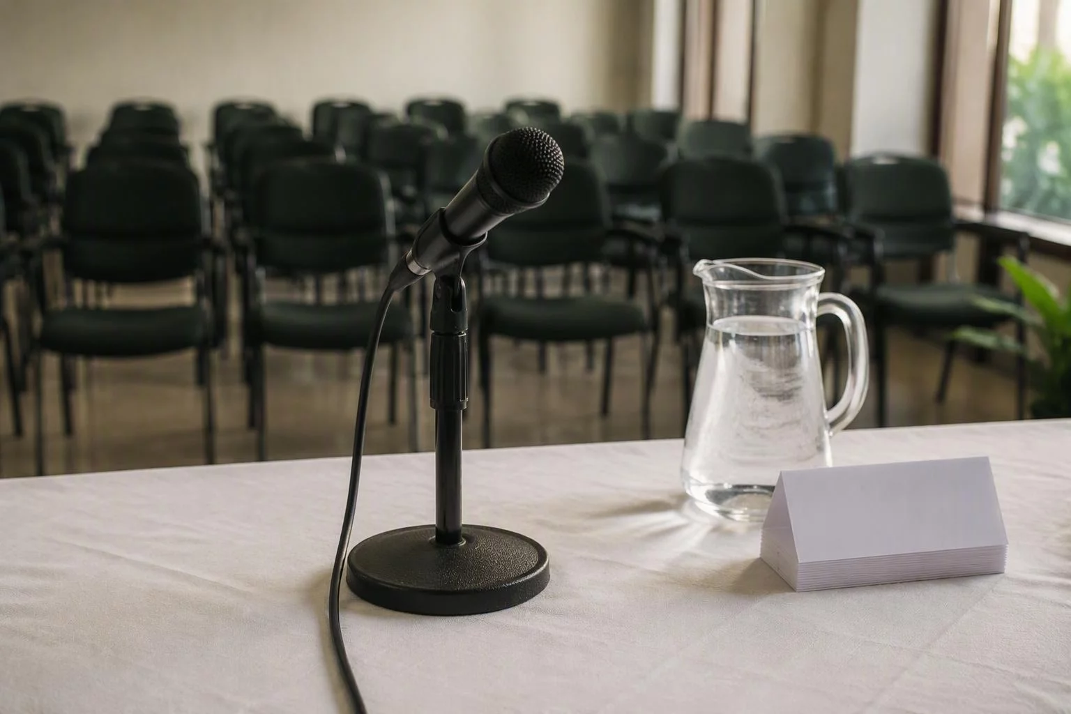 Microfone de mesa preparado para o encontro trimestral de representantes